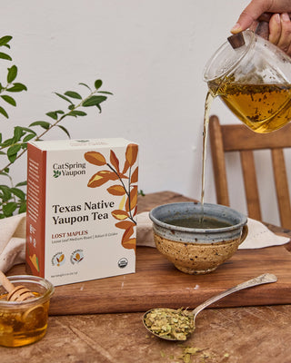 CatSpring Yaupon tea brewed in a cup
