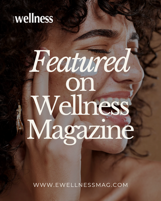 Woman with a happy expression, text 'Featured on Wellness Magazine' overlayed.